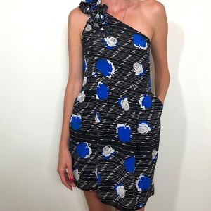 Yumi Kim One shoulder Black blue roses  dress